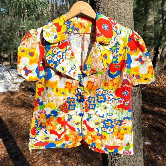 70s Handmade Floral Blazer Jacket / Top Groovy Pop Art Psychedelic Colorful - Picture 1 of 16